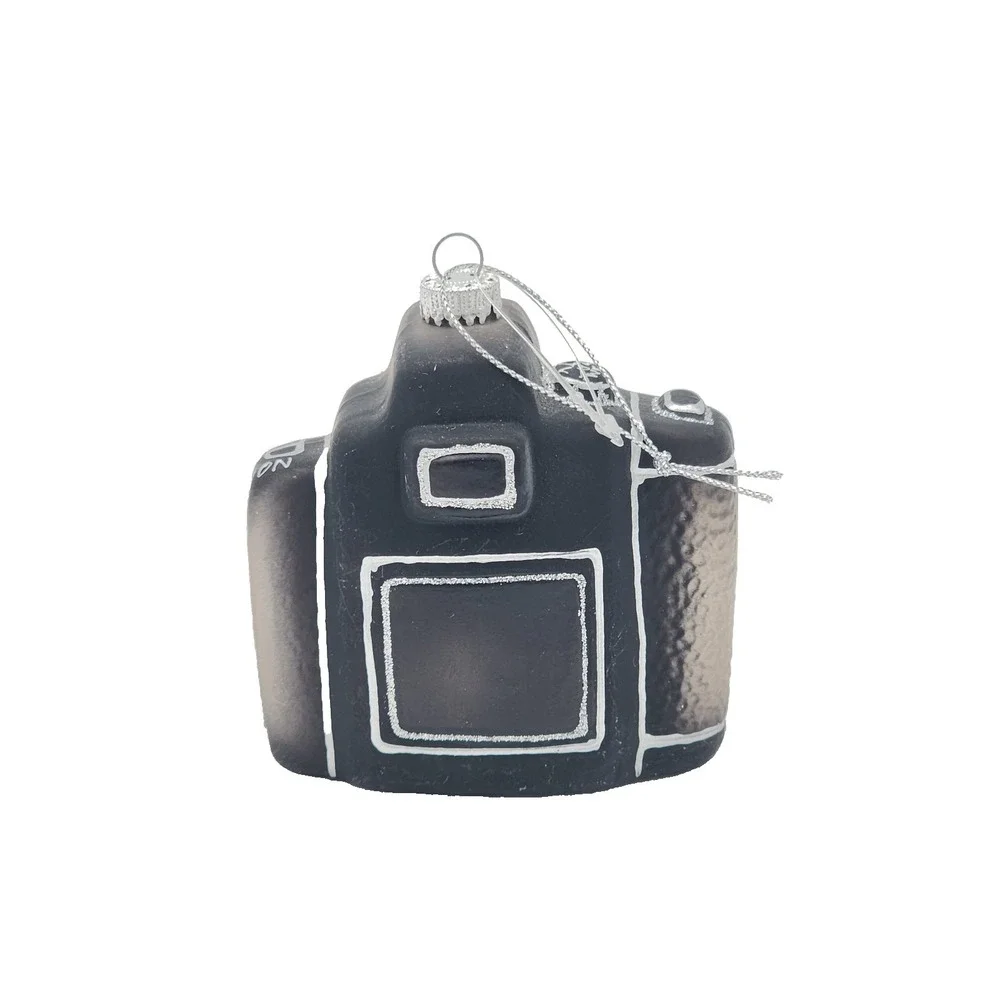 Vintage‎ Christmas Blown Glass Camera Ornament Black with Silver Accents Hanging